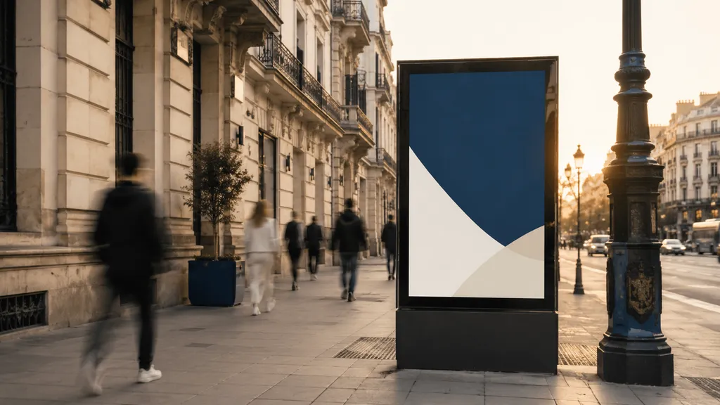 Mupi publicitario iluminado en una calle de España con viandantes al atardecer
